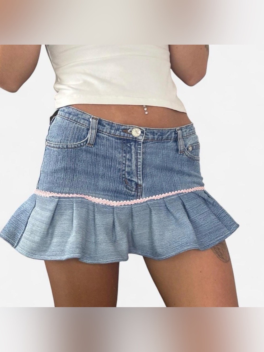 Y2K Asymmetrical Denim Ruffle Mini Skirt with Pink Trim